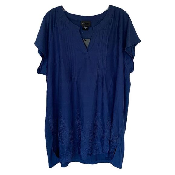 Liv Los Angeles 100% Cotton Navy Pleated Embroidered Tunic NWT Plus Size 3X - Picture 2 of 7